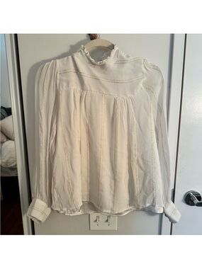 Anthropologie DRA Gold Metallic Stripe Mock Neck Ruffle Blouse Size S